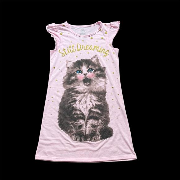 Girls 10-12 Light Pink Gold Glitter Cat Still Dreaming Flutter Sleeve Nightgown - Picture 1 of 3